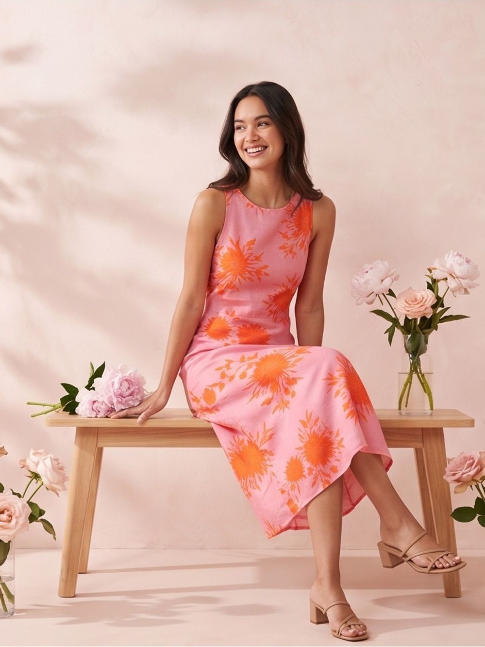 🛍️ Women’s pink orange Japanese floral Mesh sleeveless midi dress size SMALL